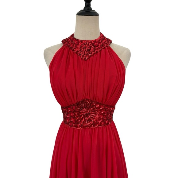 Vtg 60 Mike Benet Formal Red Sequin Halter Gown Dress Chiffon Disco Maxi Red Xs - Picture 3 of 13